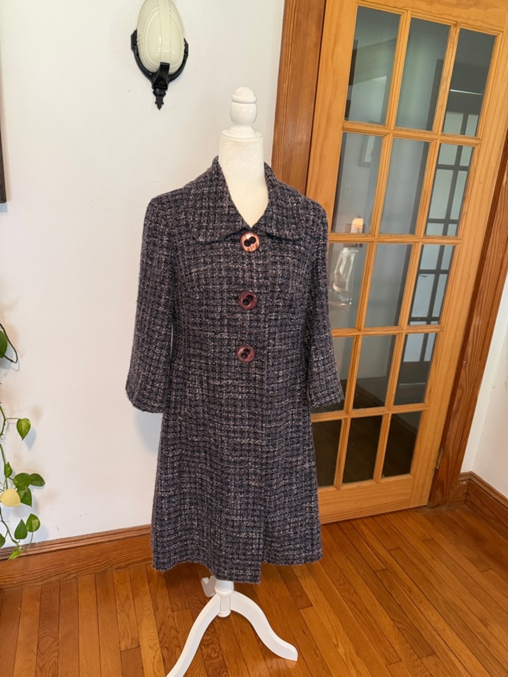 Beth Bowley Purple and Gray Tweed Dress Coat with Statement Buttons